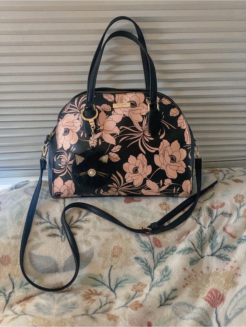Kate Spade New York Lourel Way Gardenia Satchel & Black Cat Pouf Charm So Nice!!
